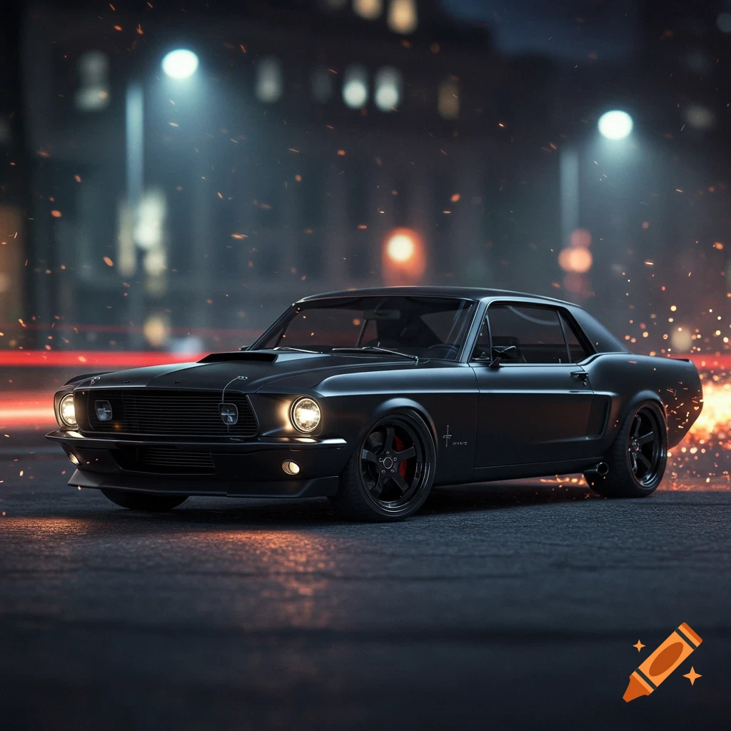 A photorealistic black 1969 Ford Mustang with bright headlights parked on a dark city street at night, with sparks flying.