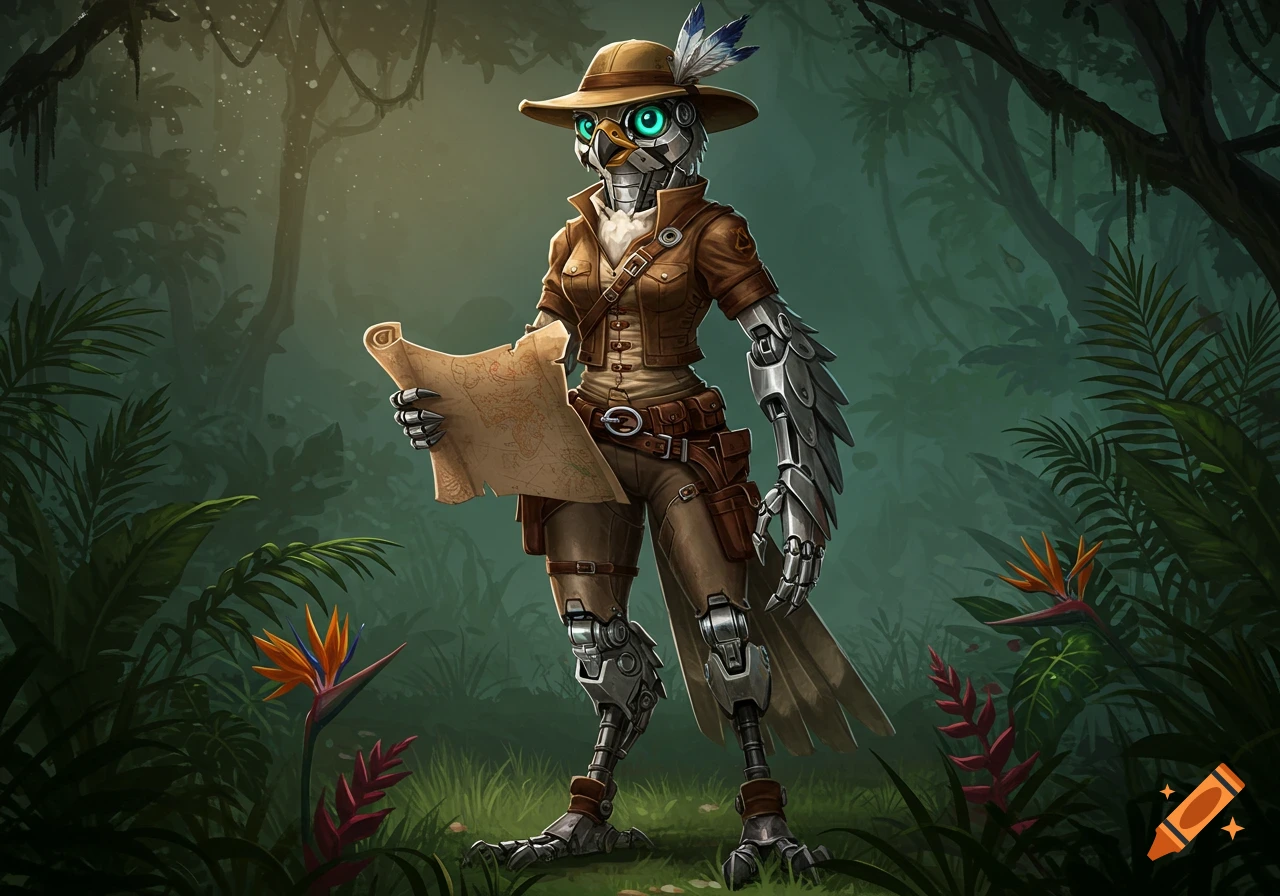 An animatronic falcon explorer in a safari hat and jacket holds a map in a lush jungle, digital art.