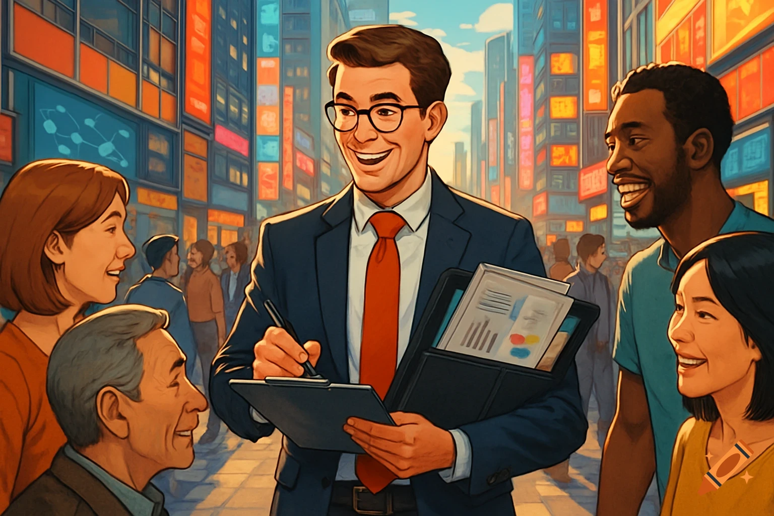 Smiling man in suit with glasses interviews diverse people on a bustling city street, holding a clipboard and papers, cartoon illustration.