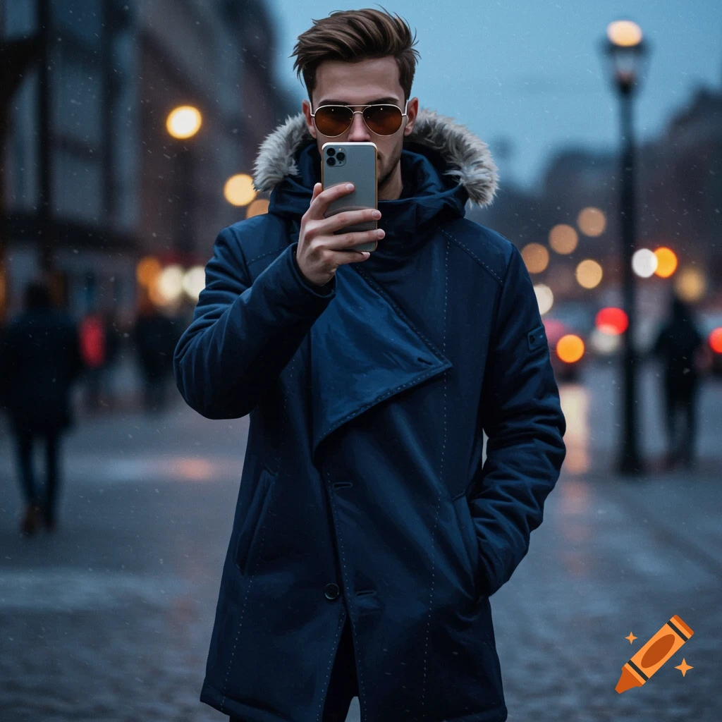 Man in a dark blue parka and sunglasses holding a smartphone to cover his face on a wet city street at night.