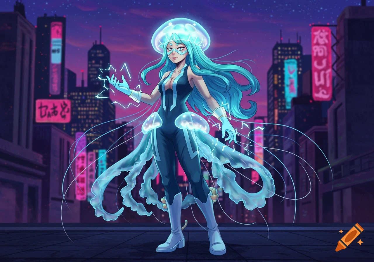 A blue-haired female superhero with glowing jellyfish powers stands on a cyberpunk city rooftop at dusk, anime style.