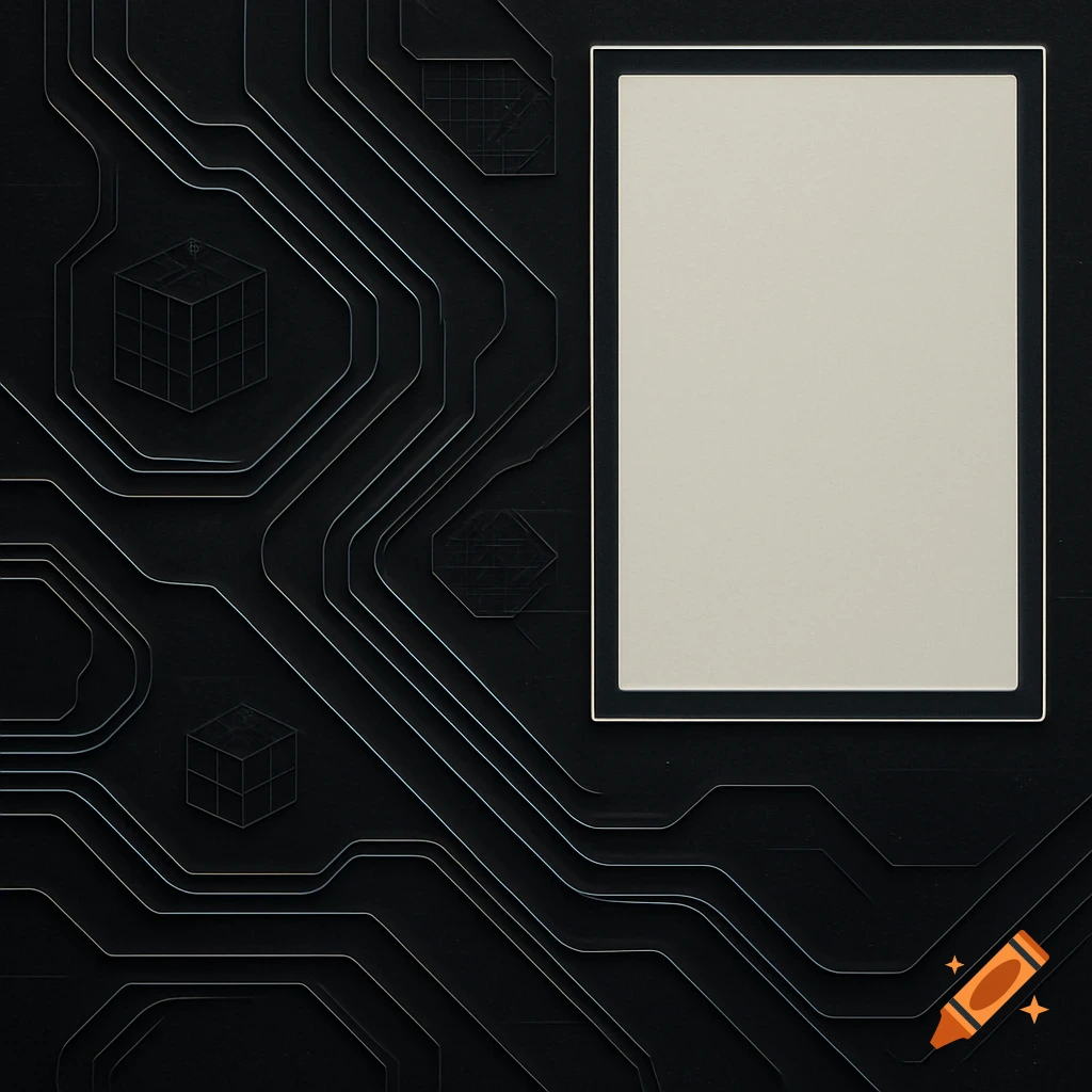 Dark, futuristic background with metallic circuit traces, wireframe shapes, and a blank off-white rectangle.