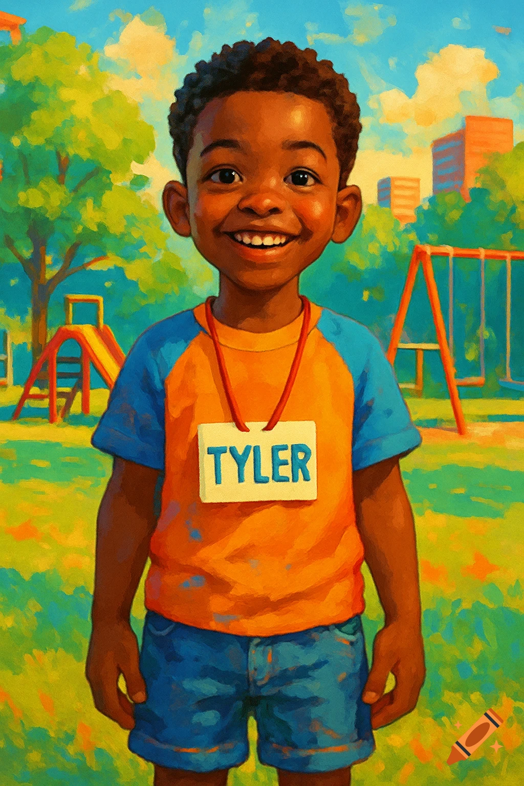 A happy cartoonish Black boy with a name tag that says 'TYLER' stands in a colorful playground.