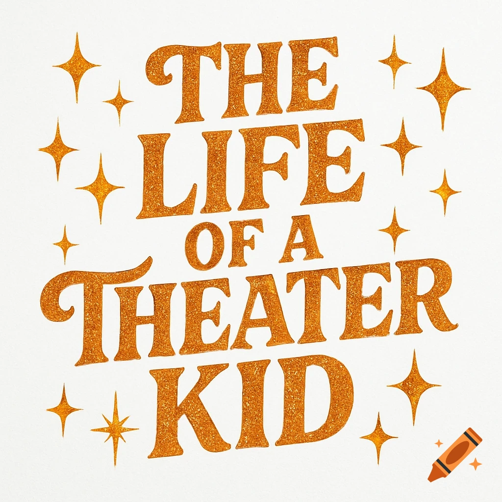 Sparkly orange text reading 'THE LIFE OF A THEATER KID' surrounded by orange four-point stars on a white background.
