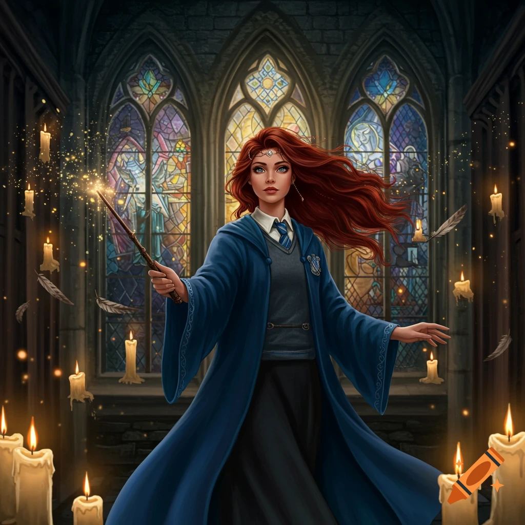 A red-haired female wizard in a blue robe casts a spell with a glowing wand in a Hogwarts-like hall with stained glass windows and floating candles.