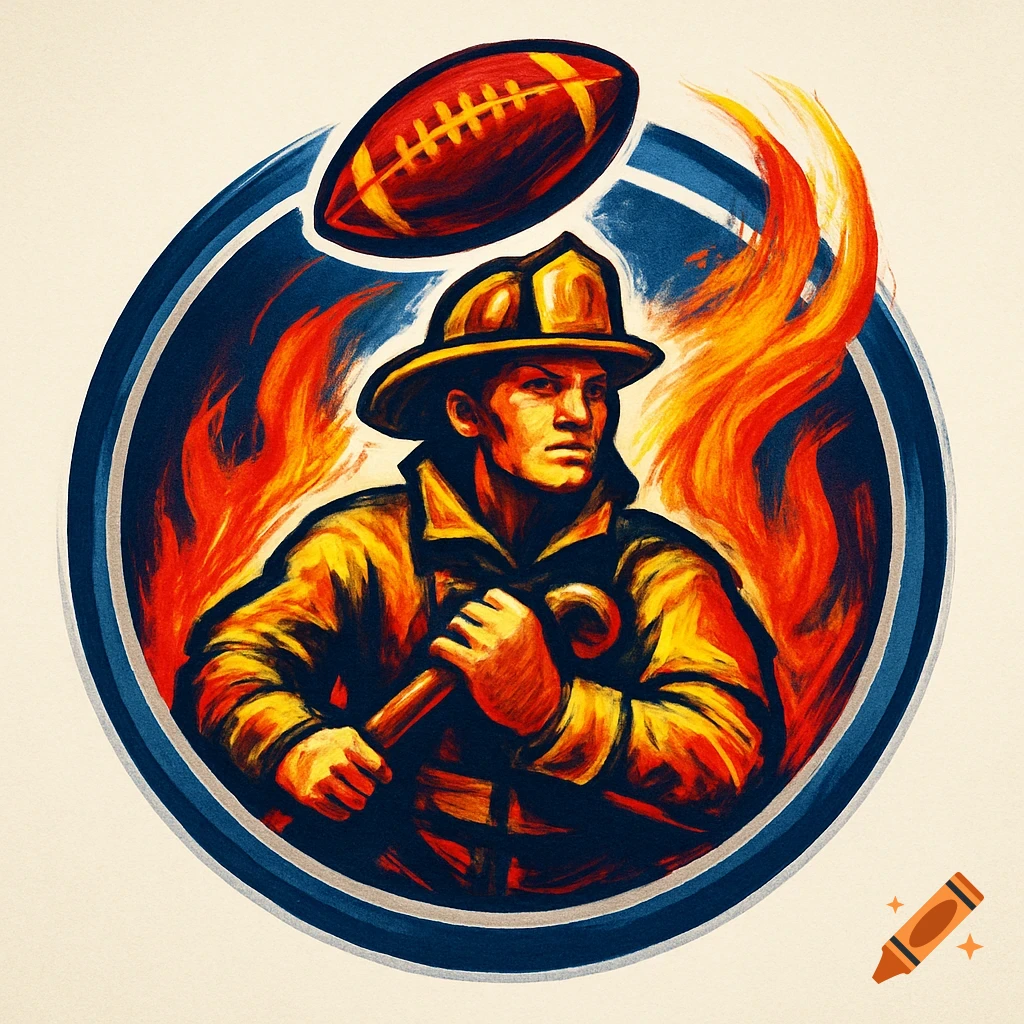 Digital art of a firefighter holding a tool with flames behind him, inside a blue circular emblem, with a football floating above.