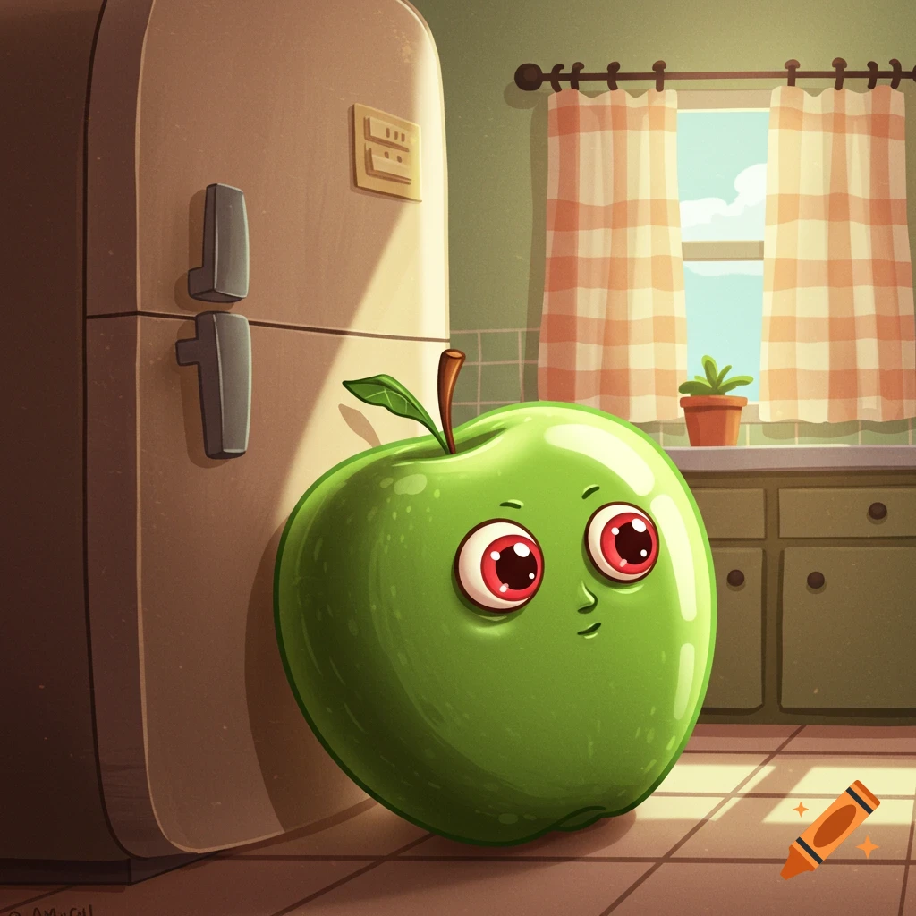 A cartoon green apple with wide red eyes stands on a tiled floor next to a brown refrigerator in a sunlit kitchen.