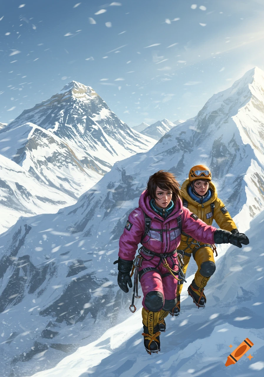 Two women in colorful winter gear hike up a snowy mountain under a bright sun with falling snow, digital painting.