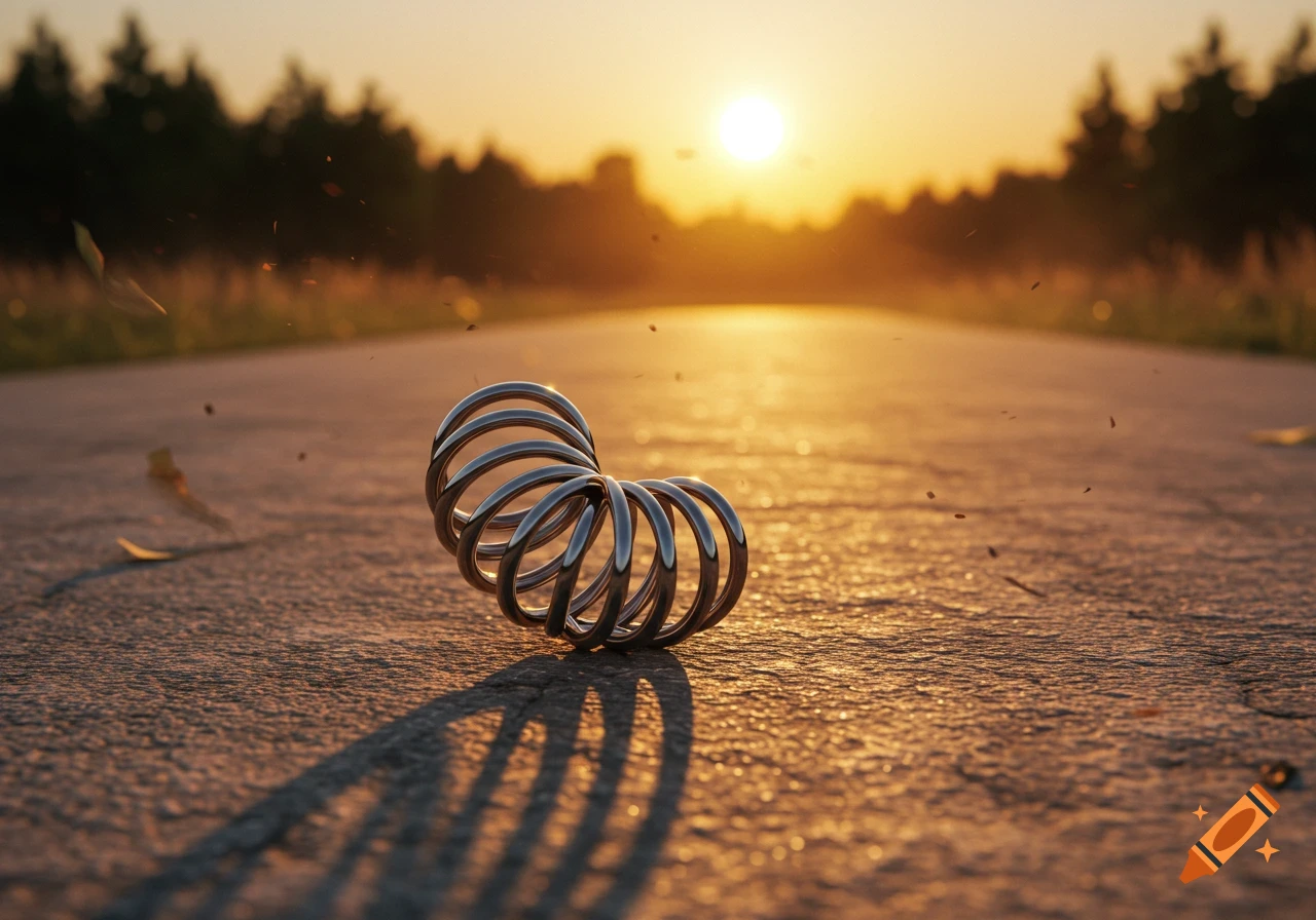 A metallic spiral spring lies on an asphalt road at sunset, casting a long shadow.