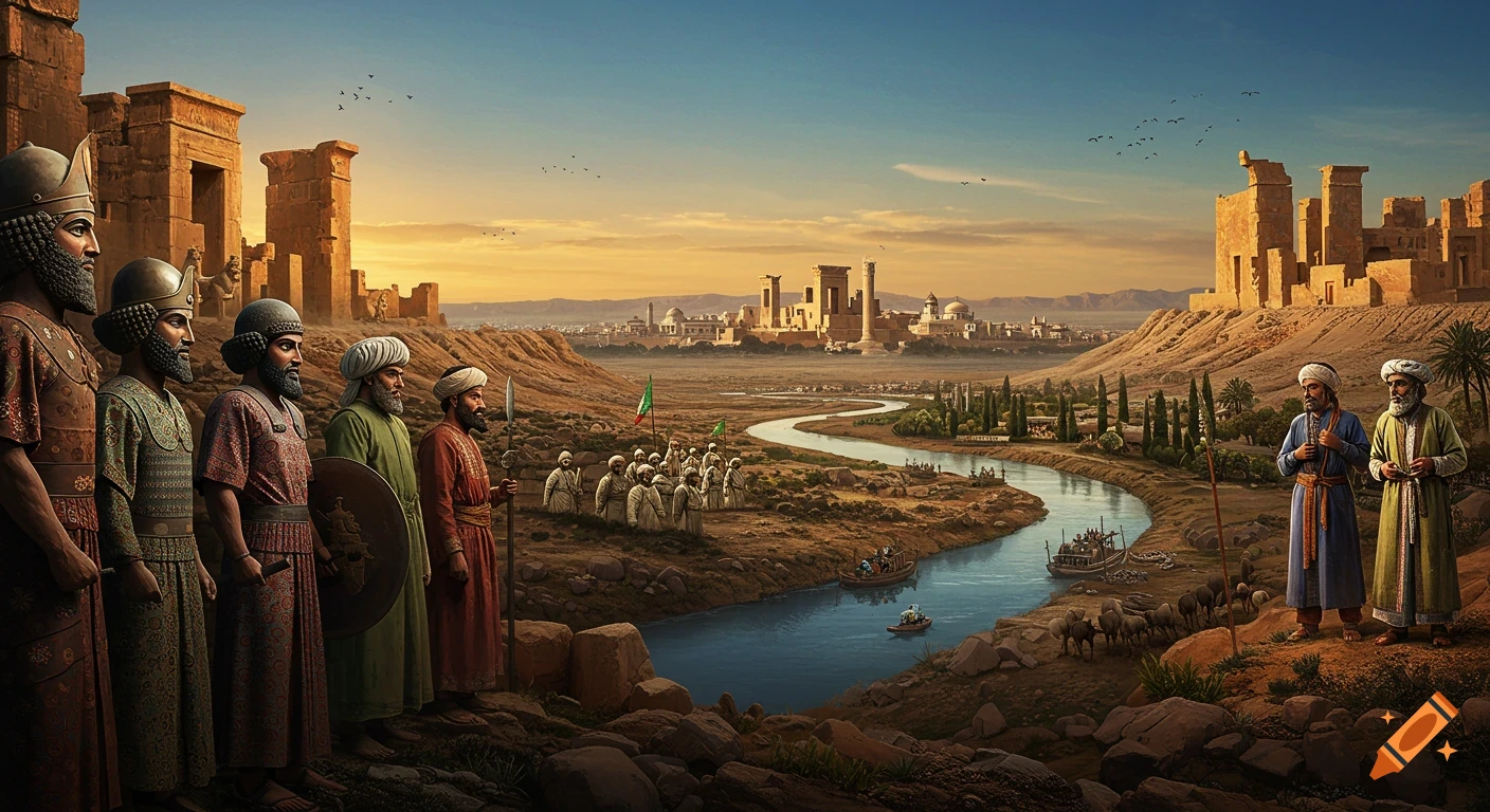 A panoramic view of an ancient Middle Eastern landscape with figures in traditional attire, majestic ruins, a winding river, and a city in the distance under a warm sunset.