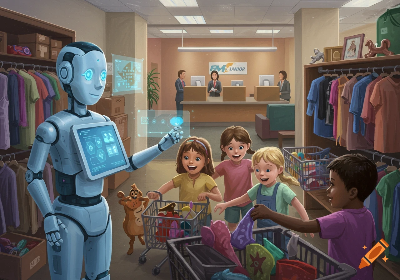 An illustration shows a robot interacting with diverse children pushing shopping carts in a store, with a credit union in the background.