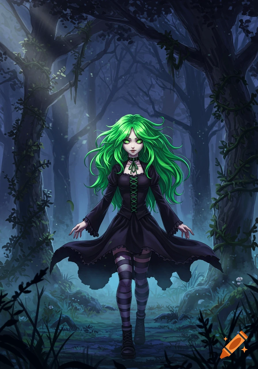 Anime-style goth girl with bright green hair and eyes, wearing a black dress and striped stockings, walking in a dark forest.