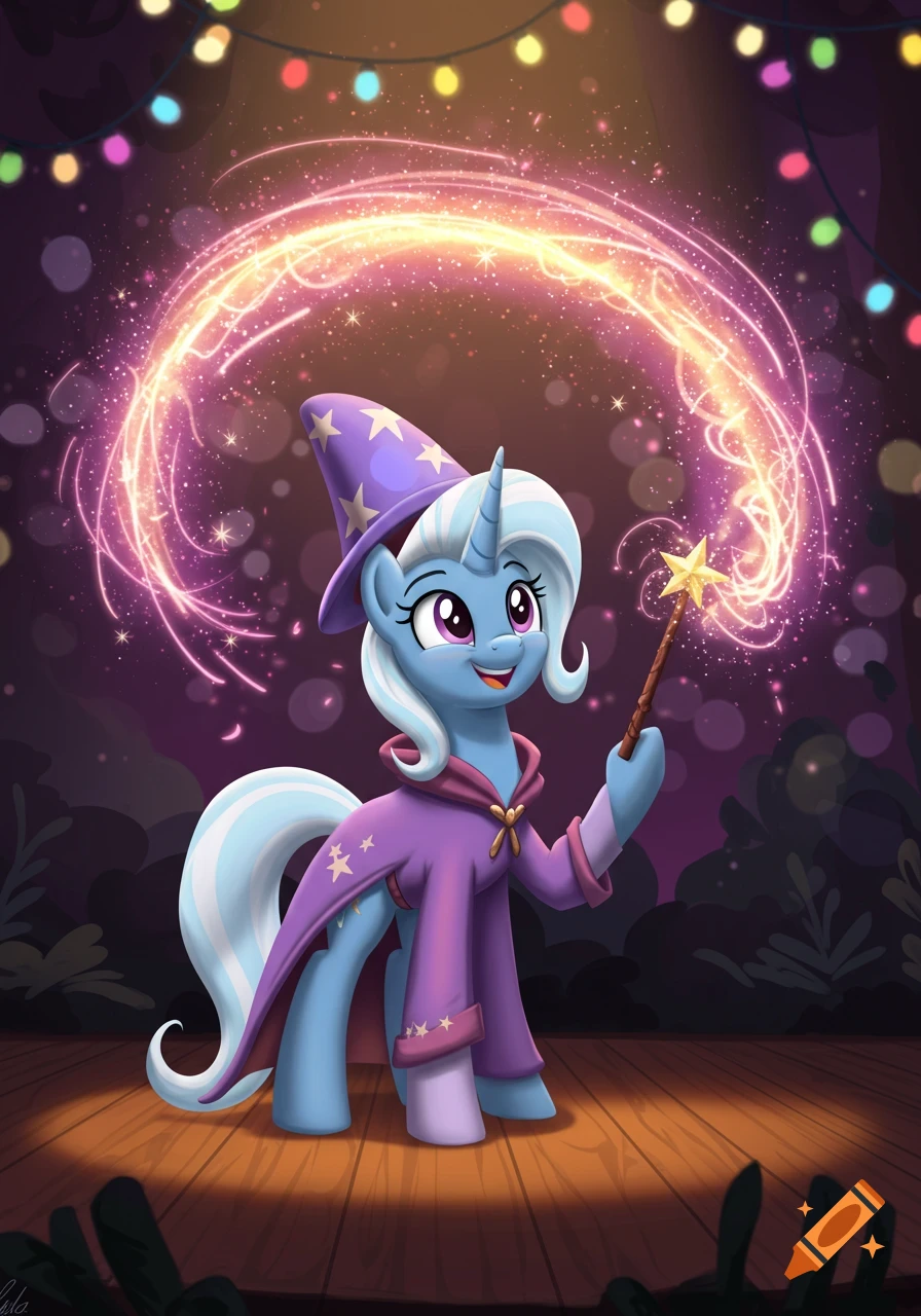 A light blue cartoon pony, Trixie Lulamoon, wearing a purple wizard hat and robe, casting a glowing spell with a star-tipped wand on a stage.