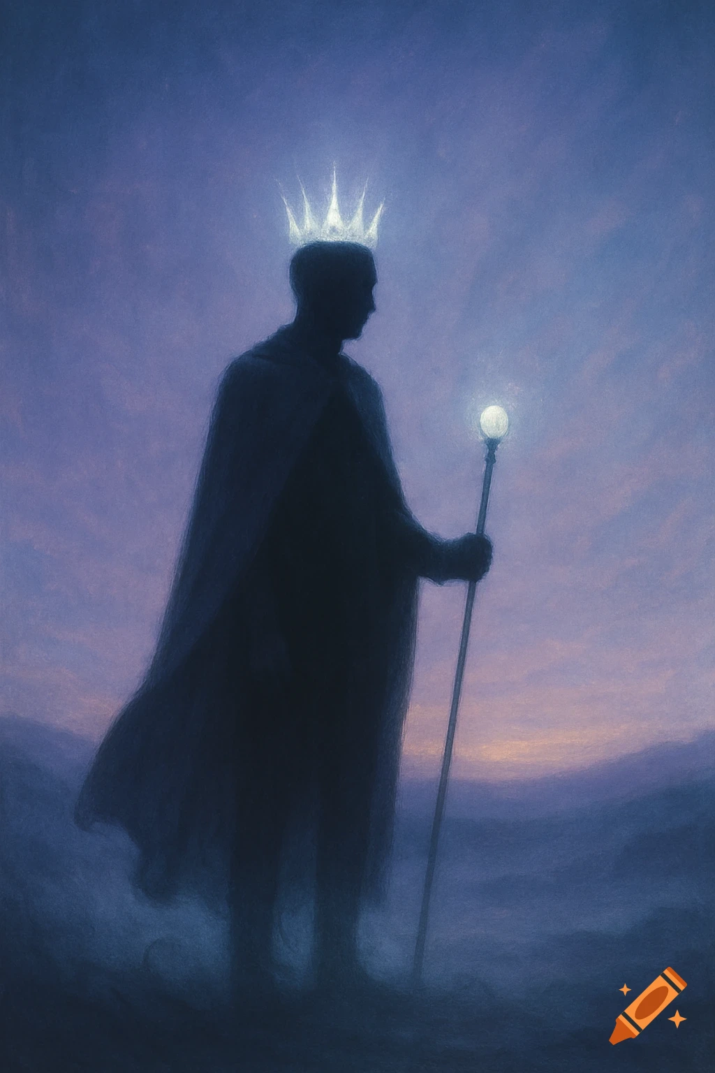 Silhouetted figure with a glowing crown and staff stands in a mystical purple-blue, foggy landscape.