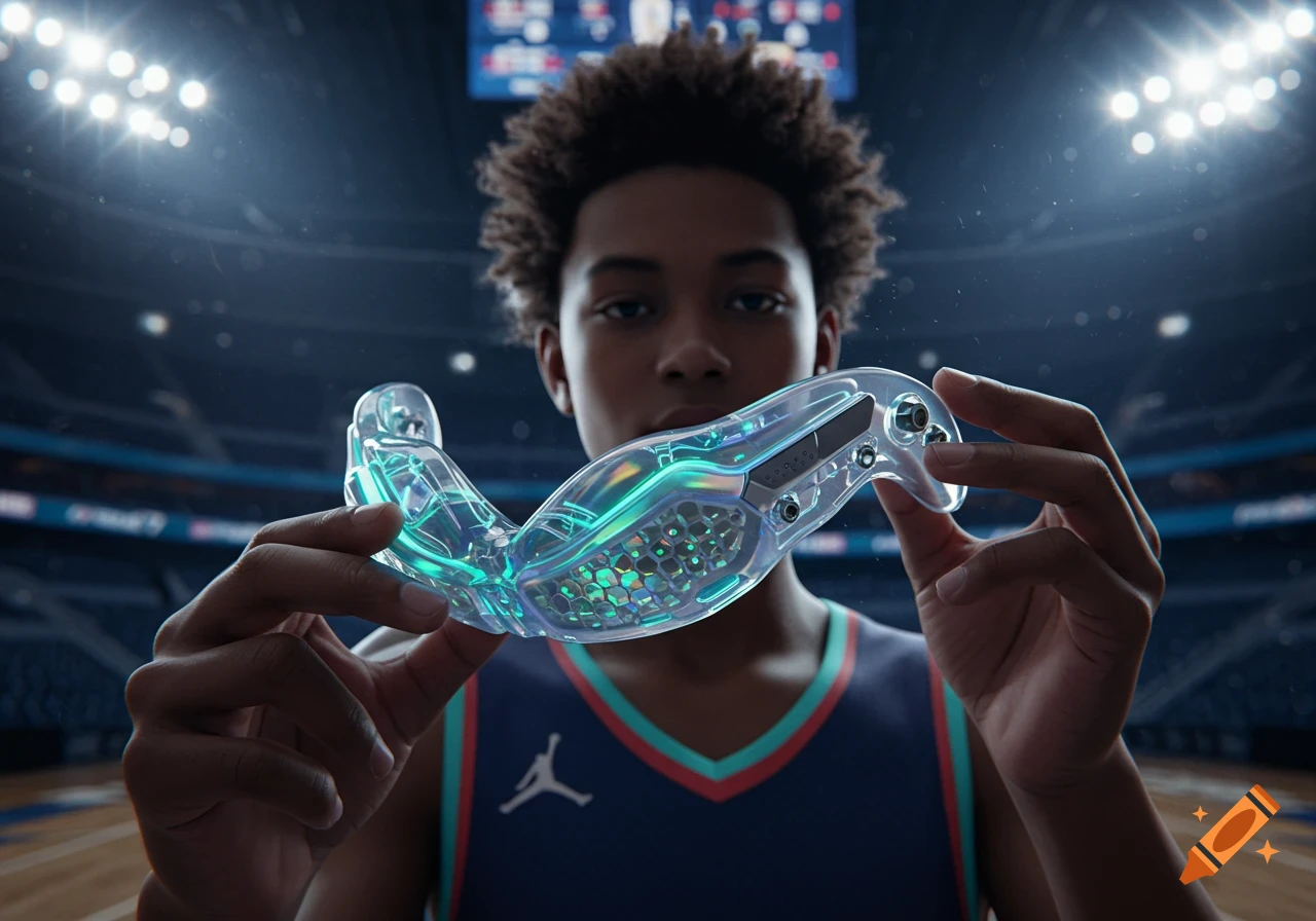 A young basketball player in a jersey holds a glowing, clear futuristic mouthguard in a brightly lit arena.