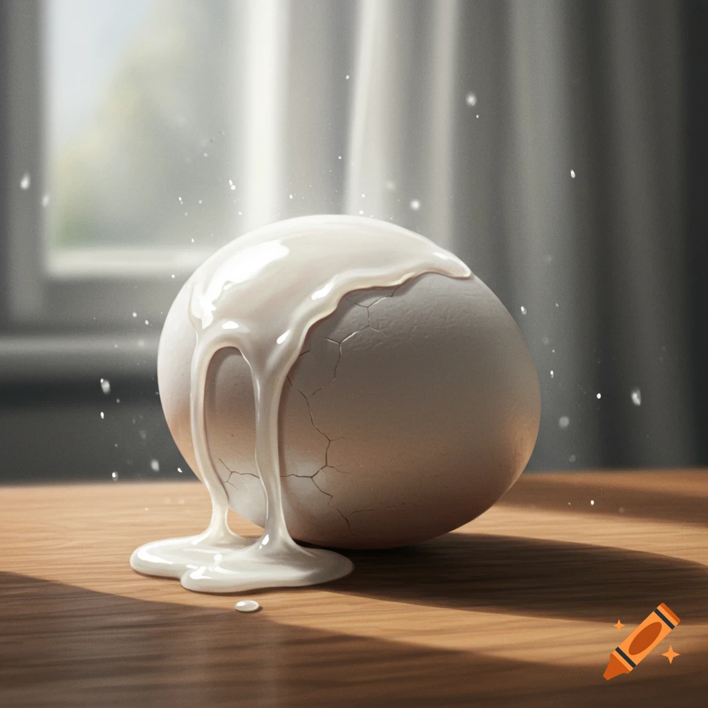 A cracked egg covered in white goo sits on a wooden table, with light streaming in from a window in the background, photorealistic style.