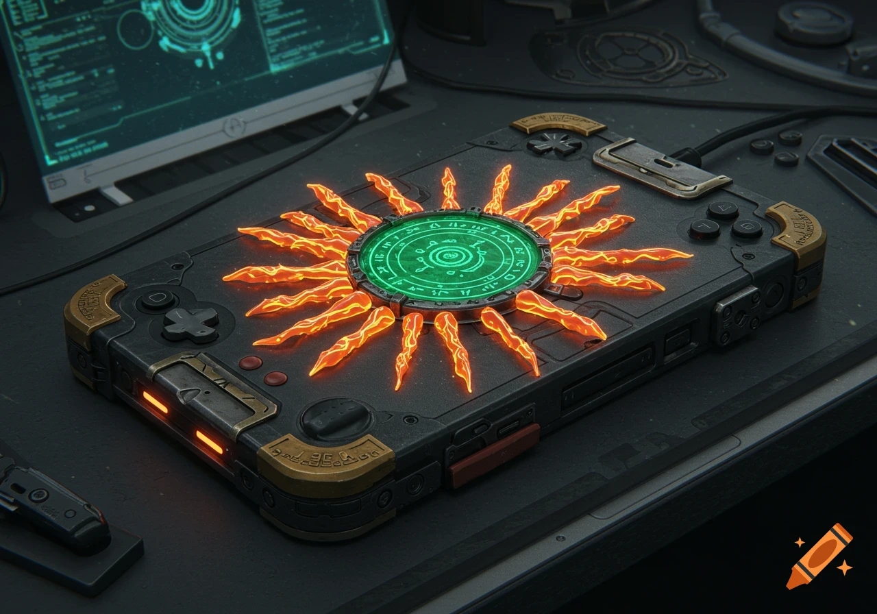 A detailed sci-fi fantasy game console with a glowing green magical rune and orange energy spikes on a tech workbench.
