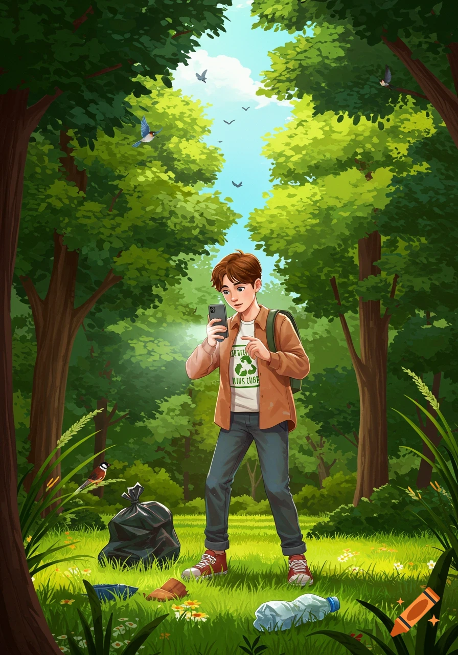 An illustrated young man with a backpack and recycle symbol shirt takes a phone photo of trash in a green park.