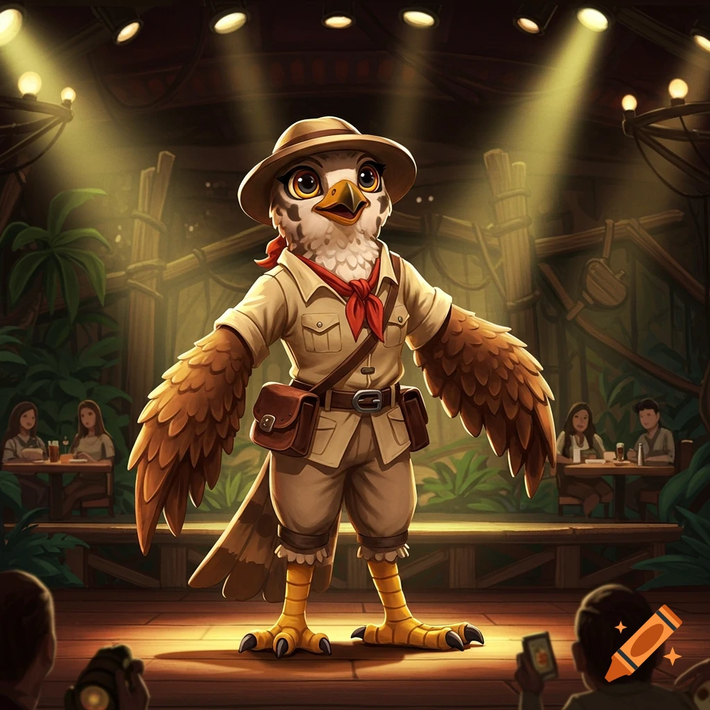 A cartoon falcon explorer character on a spotlighted stage in a jungle-themed restaurant.