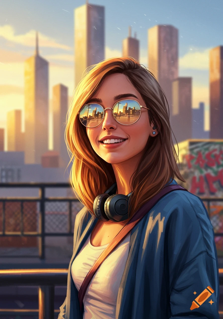 Stylized portrait of a smiling woman with headphones and round sunglasses reflecting a sunny cityscape.