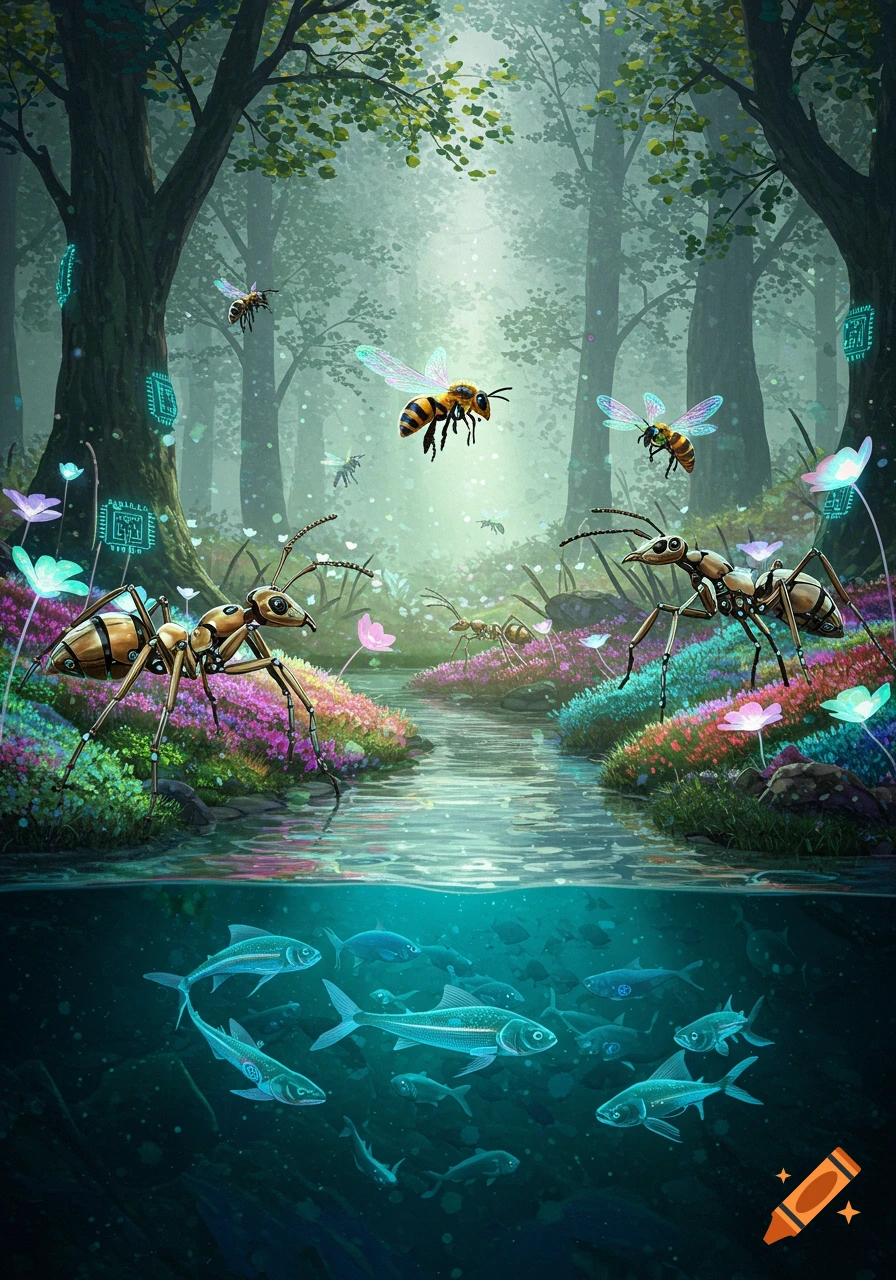 A vibrant fantasy forest scene featuring robotic ants and bees above a flowing stream, with glowing fish swimming underwater.