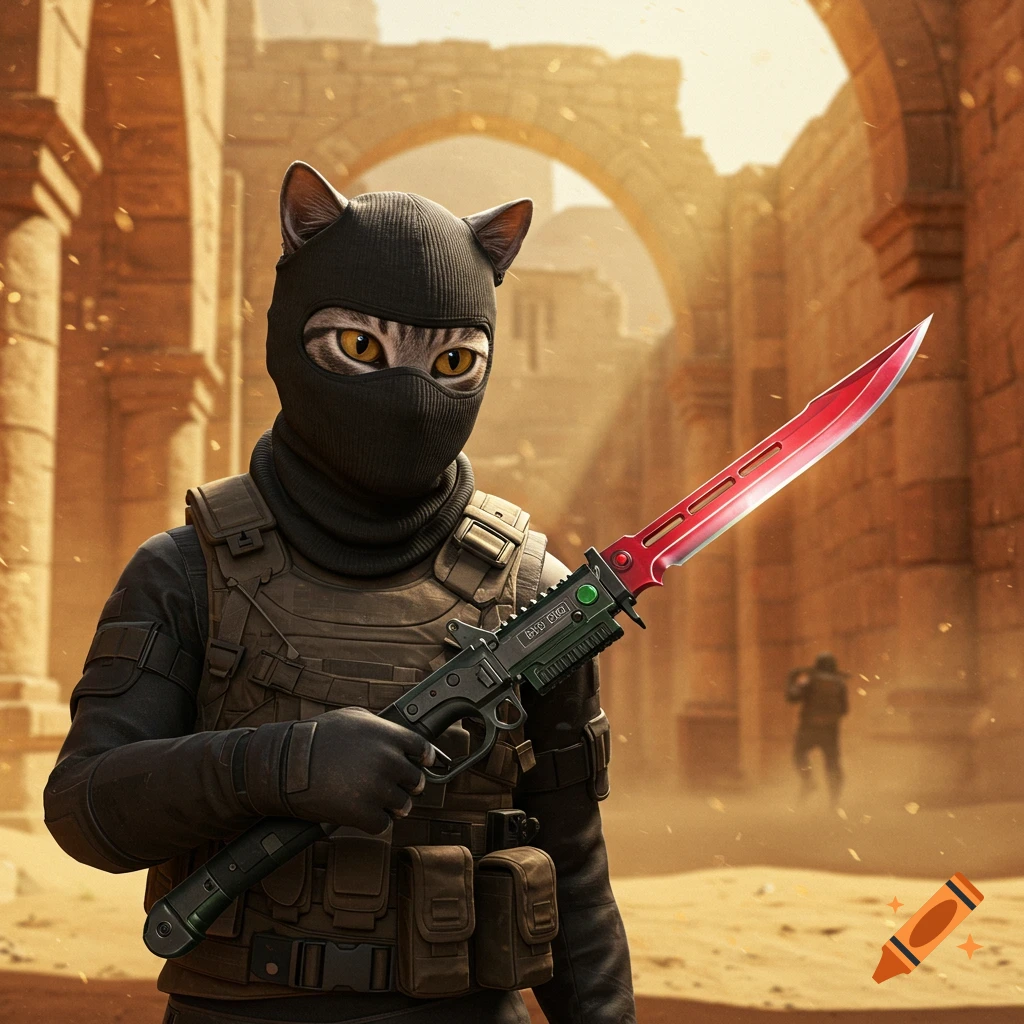 A cat in a black balaclava and tactical vest holds a red-bladed knife, standing in sunlit desert ruins.