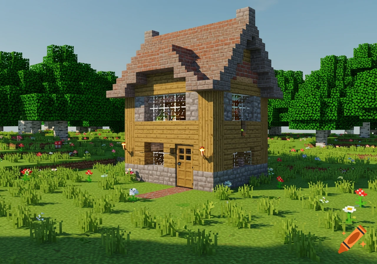 A blocky Minecraft house made of wood, stone, and brick stands in a green field with trees and flowers under a clear sky.