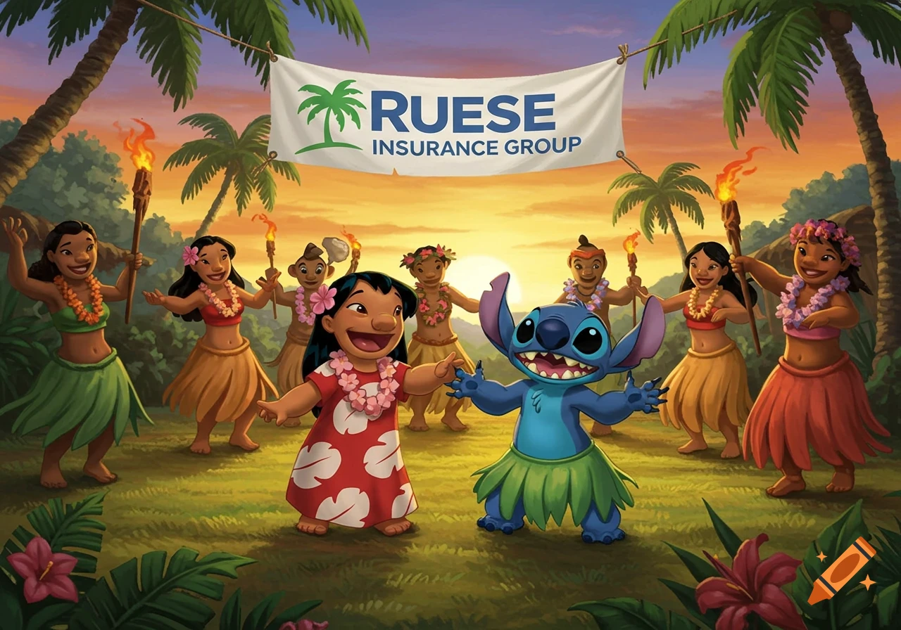 Cartoon illustration of Lilo and Stitch dancing at a luau with people, palm trees, and a banner reading 'RUESE INSURANCE GROUP' at sunset.