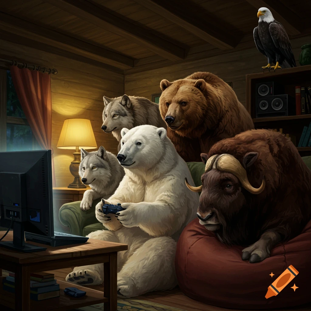 A polar bear plays video games with a brown bear, two wolves, and a muskox in a cozy cabin, while an eagle perches above.