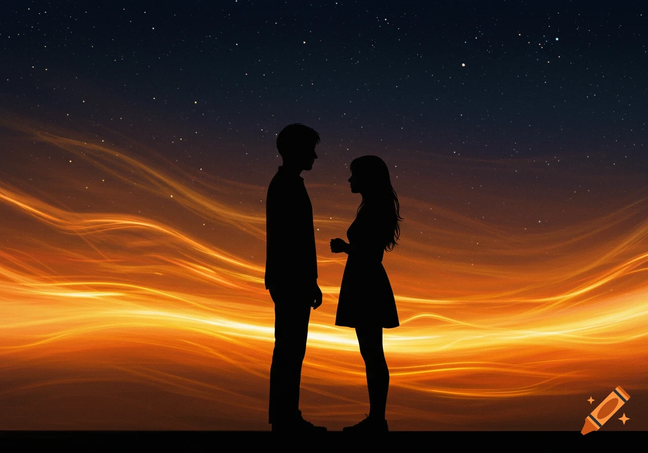 Silhouettes of a man and woman facing each other against a vibrant orange and dark blue starry sky.
