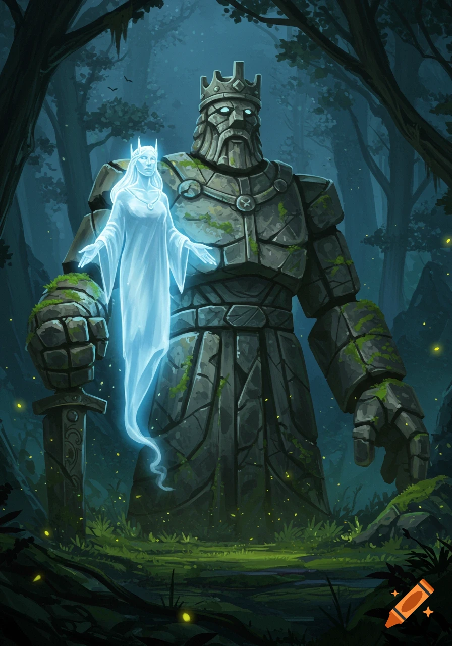 A giant mossy stone golem king statue in a dark forest, with a glowing ethereal ghost queen hovering before its shoulder.