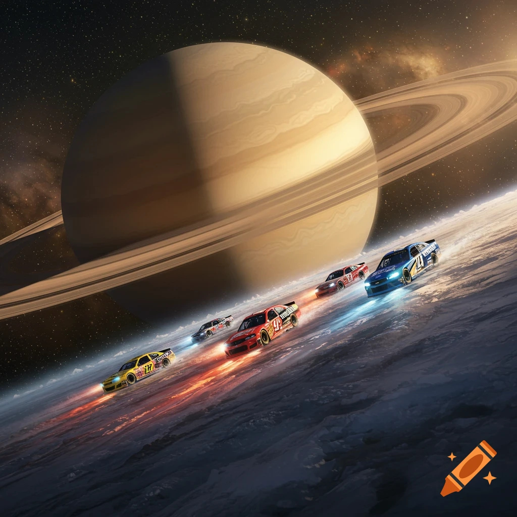 Race cars speed across the icy rings of Saturn with the giant planet and stars in the background.