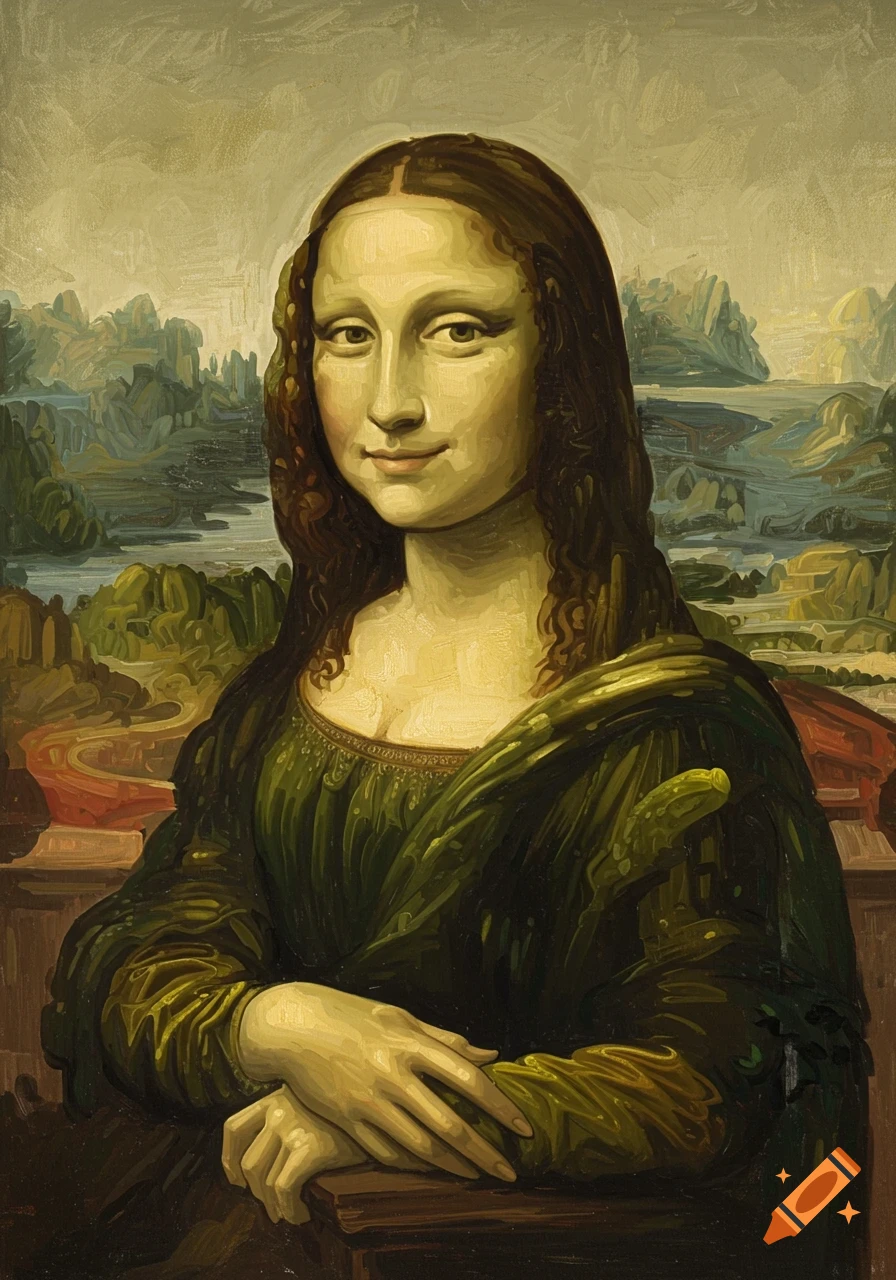 Painterly portrait of Mona Lisa, her body and dress stylized as green pickles, against a landscape background.