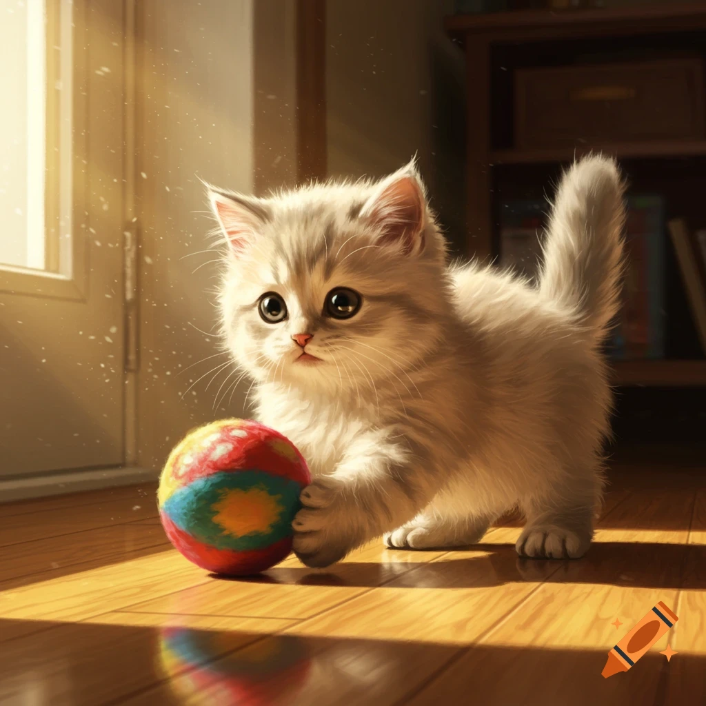 A fluffy white kitten with big eyes plays with a colorful striped ball on a sunlit wooden floor.
