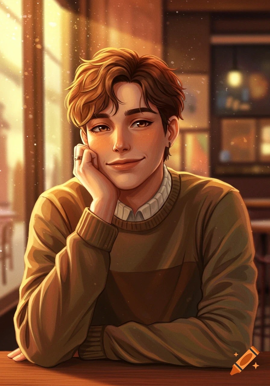 Stylized portrait of a smiling young man resting his chin on his hand in a warm, sunlit cafe.