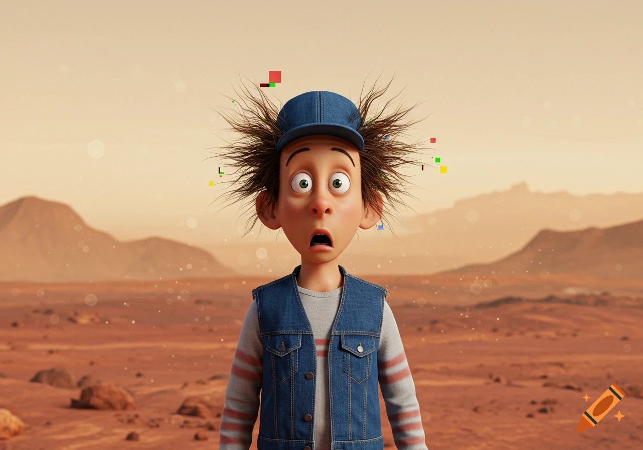 Cartoon boy with bulging eyes and static-filled hair in a blue cap and denim vest, standing on a reddish desert planet.