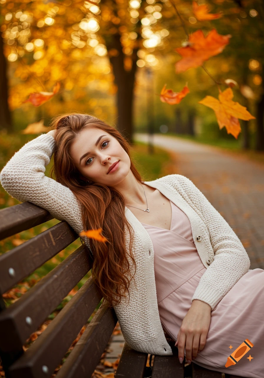 A photorealistic portrait of a young woman with long red hair, wearing a white cardigan, sitting on a park bench surrounded by autumn leaves.