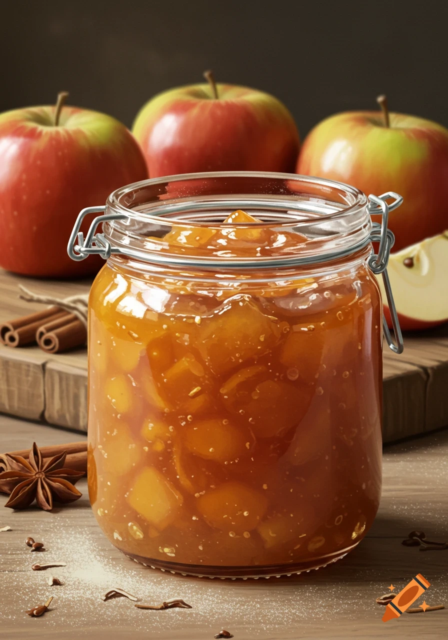 A glass jar of chunky apple jam sits on a wooden surface with red apples, cinnamon sticks, star anise, and powdered sugar.
