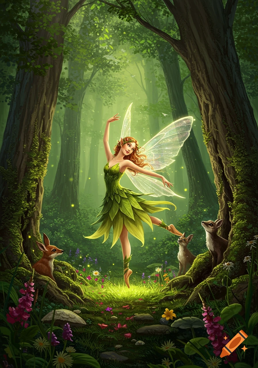 A graceful red-haired fairy with glowing wings dances in a sunlit forest, wearing a green leaf dress, surrounded by flowers and small woodland animals.