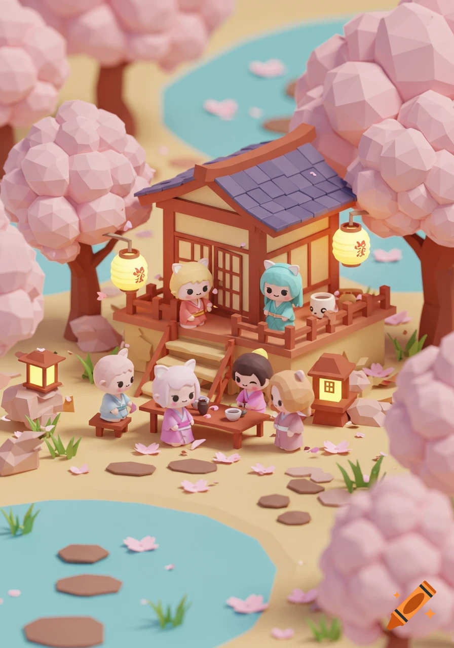 Low poly 3D scene of kawaii characters in kimonos having tea outside a traditional Japanese house under cherry blossoms.