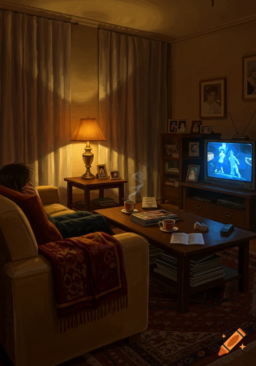 An illustration of a person relaxing on a yellow couch in a dimly lit, cozy living room, watching an old television set. A lamp illuminates a coffee table with steaming mugs and magazines.