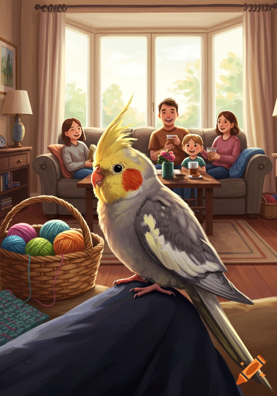 An illustration of a cockatiel perched on a person's lap, with a family relaxing on a living room couch in the background.