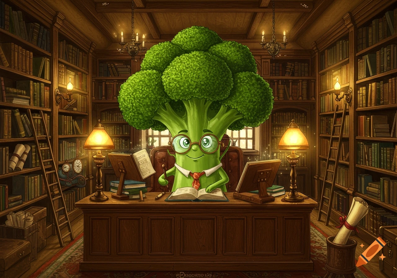 A cartoon broccoli character with glasses and a tie sits at a desk in a cozy library, reading a book.