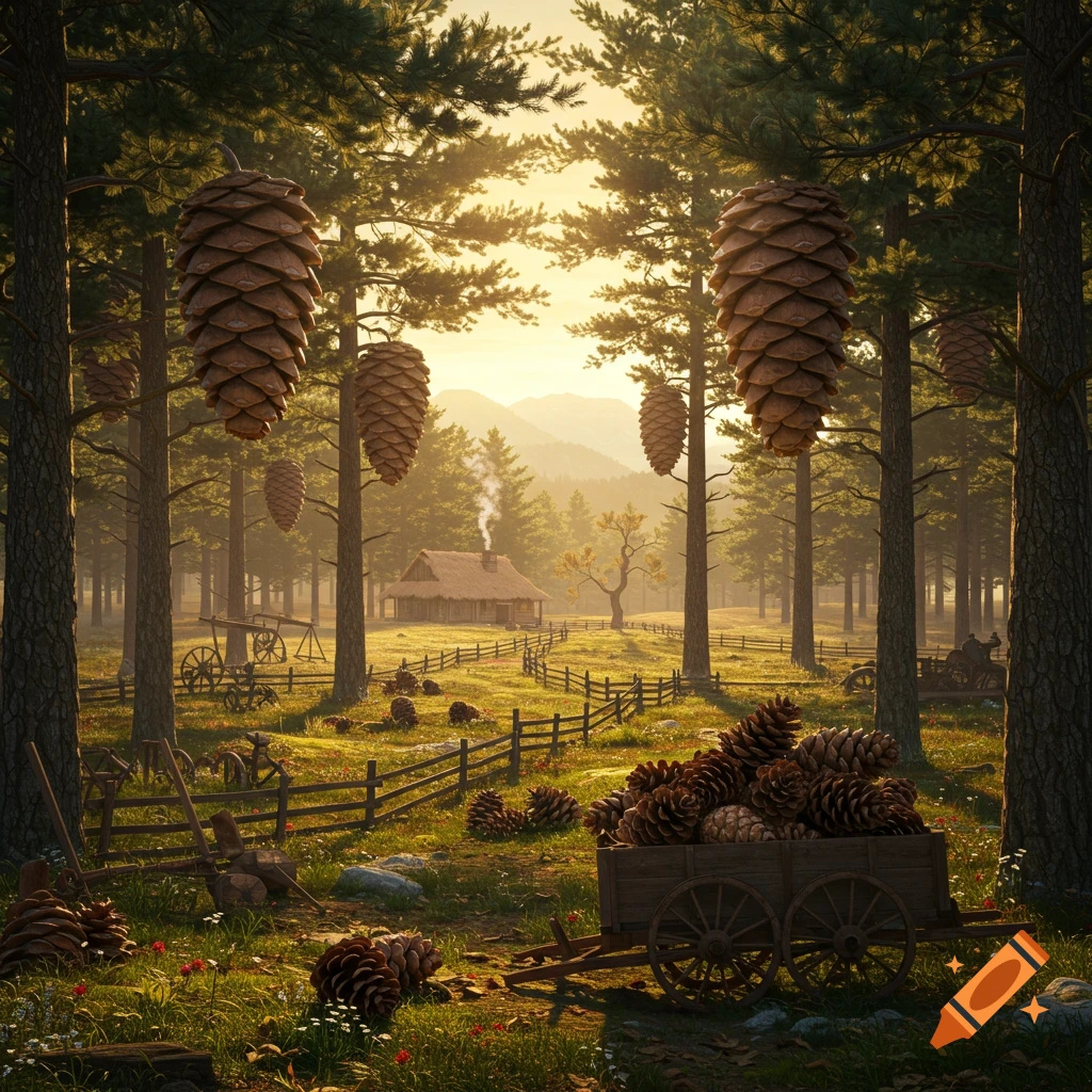Photorealistic image of a sunny forest scene with giant pinecones hanging from trees and piled in a wooden cart, a small cabin in the distance.