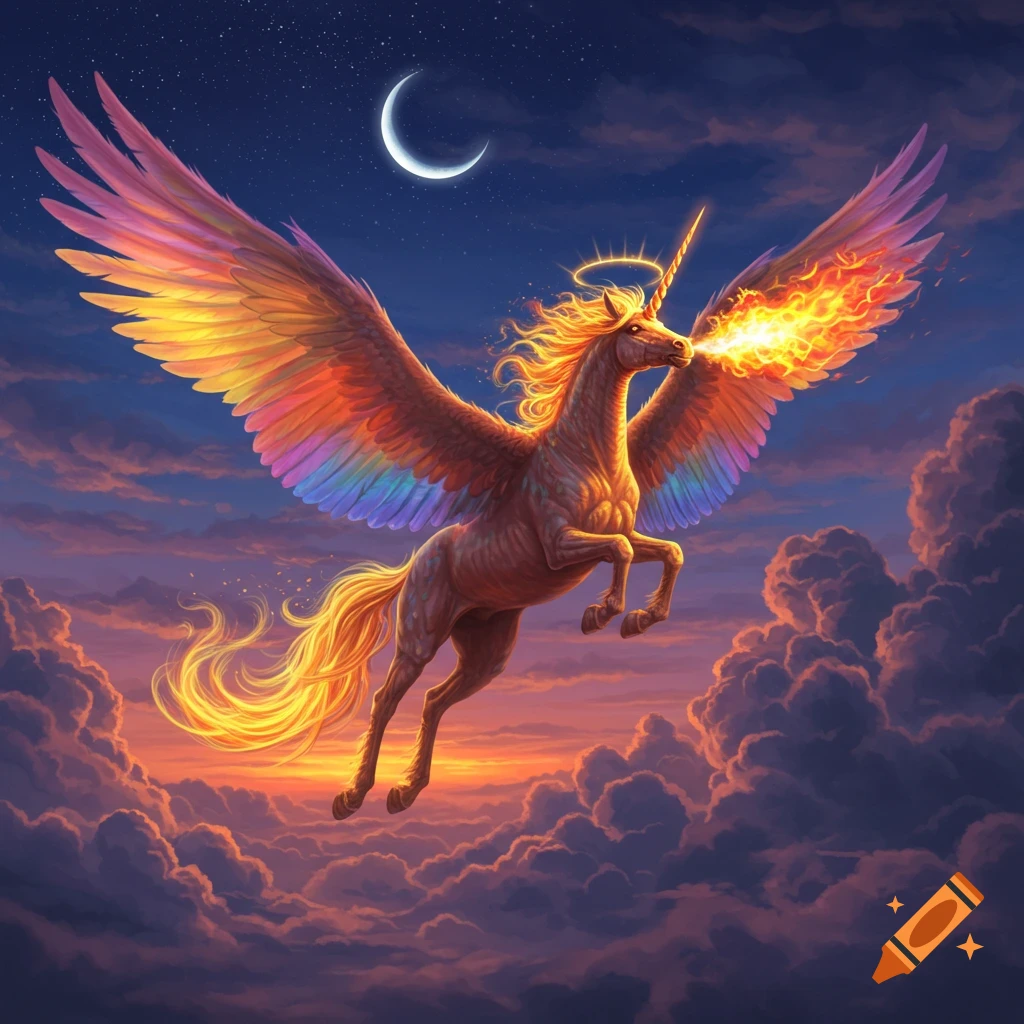 A majestic fire-breathing winged unicorn with rainbow wings and a glowing mane flies through a cloud-filled twilight sky under a crescent moon.