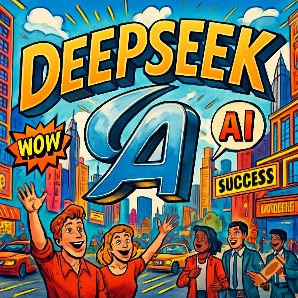 Comic book style illustration of a vibrant city with large text 'DEEPSEEK' and 'AI'. People are celebrating, waving their hands, with buildings and cars in the background.