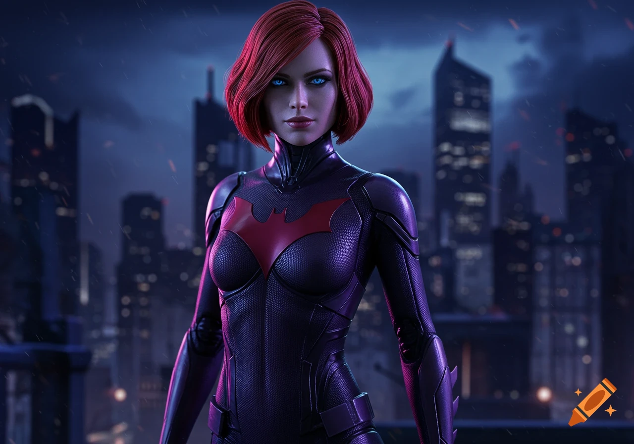Realistic digital art: a female superhero with red bob hair, blue eyes, in a dark purple suit with a red bat symbol, on a rainy city rooftop at night.