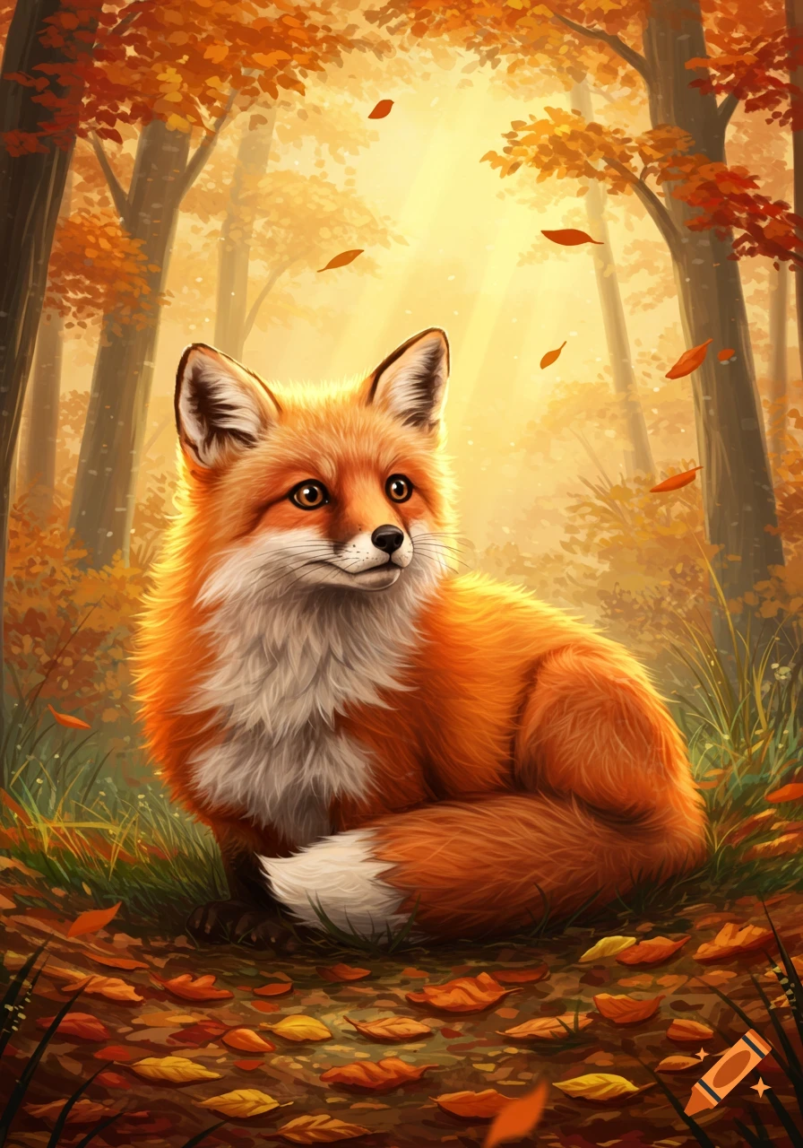 A cute red fox with white chest fur sits among fallen leaves in a vibrant autumn forest with golden sunlight.