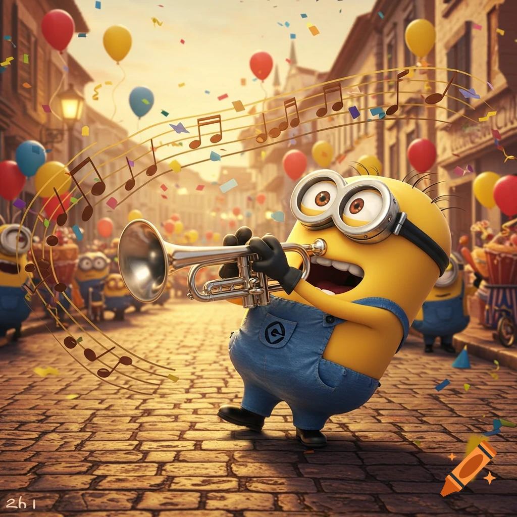 A cheerful Minion in overalls plays a trumpet on a festive street with confetti and balloons, other Minions in the background.