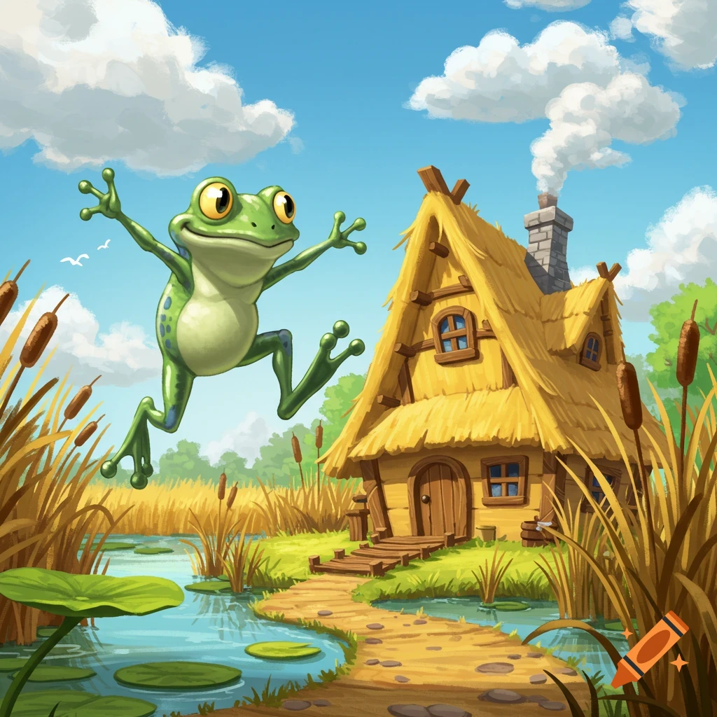 A joyful cartoon frog leaps over a pond near a thatched cottage, surrounded by cattails under a blue sky. Whimsical illustration.